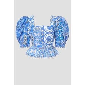 FARM RIO Women's Tile Dream Chic Blue Peplum Puff Sleeve Boho Cotton Blouse Sz L